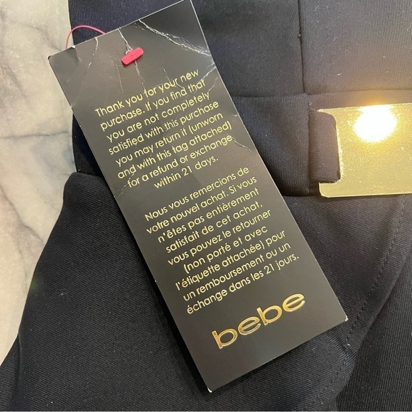 NWT Bebe Peplum Black Low Cut V Neck Short Dress Gold Detail Belt Cocktail S - Picture 10 of 15